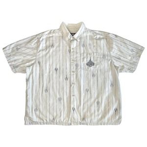 Harley Davidson 2XL Short Sleeve Button Down Embroidered Shirt Tan Beige Striped
